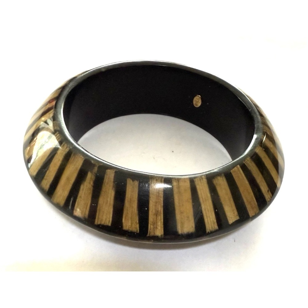 KJL KENNETH J LANE Vintage Bicone Black Lucite & Bamboo Bangle Bracelet